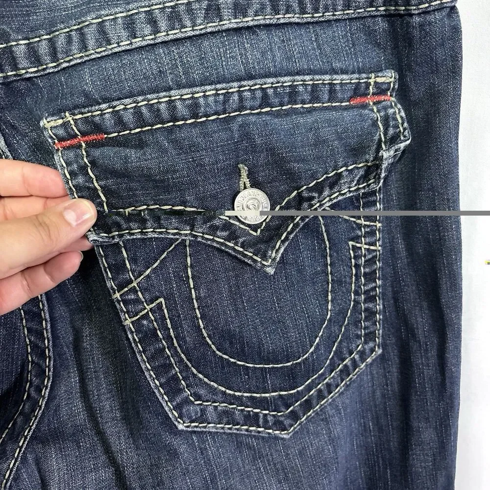 True Religion Straight Jeans Mens 40 x 33 Dark Wash Flap Pockets Big T Earthworm